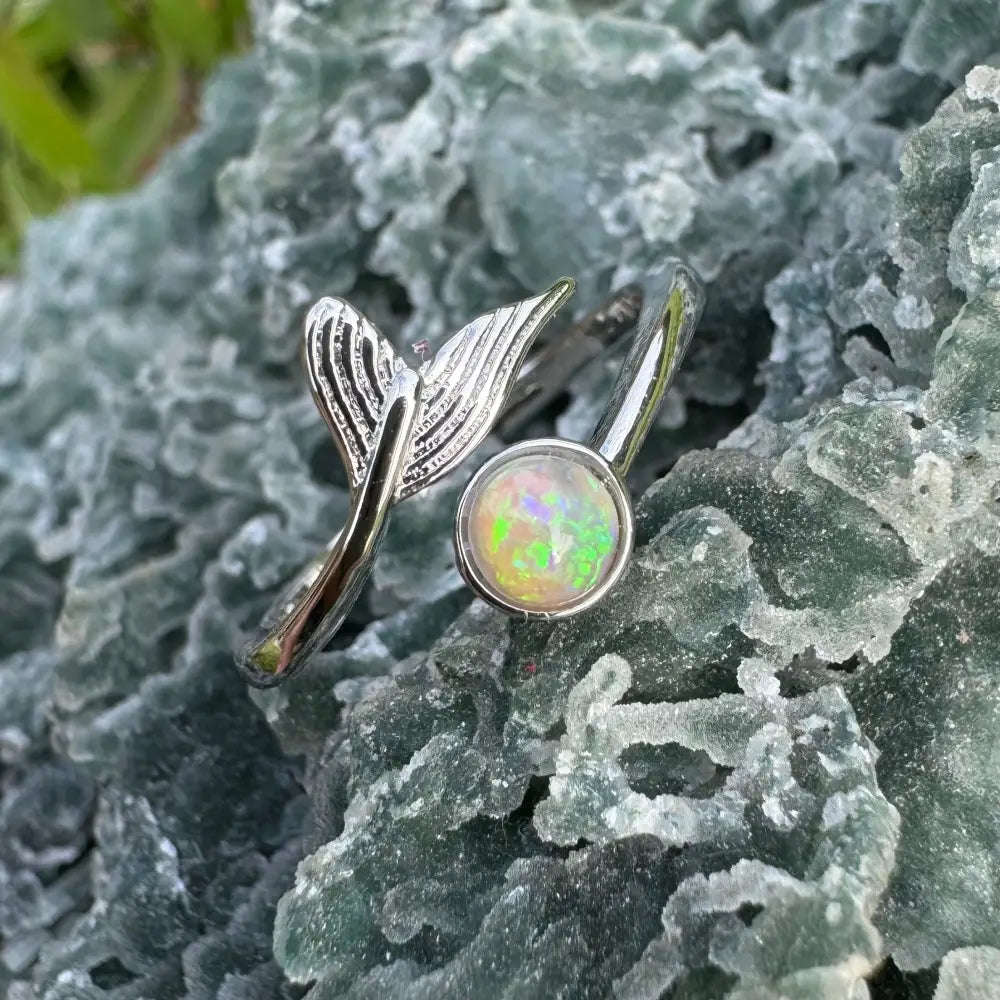 Silver mermaid tail ring with 0.3ct Lightning Ridge Opal in handcrafted Sterling Silver design
