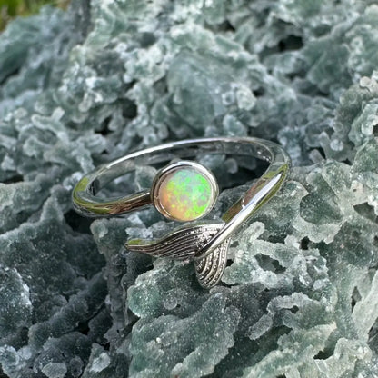 Silver whale tail ring with 0.3ct Lightning Ridge opal in handcrafted sterling silver setting