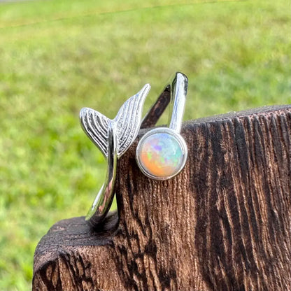 Silver mermaid tail ring with 0.3ct Lightning Ridge Opal set in 925 Sterling Silver