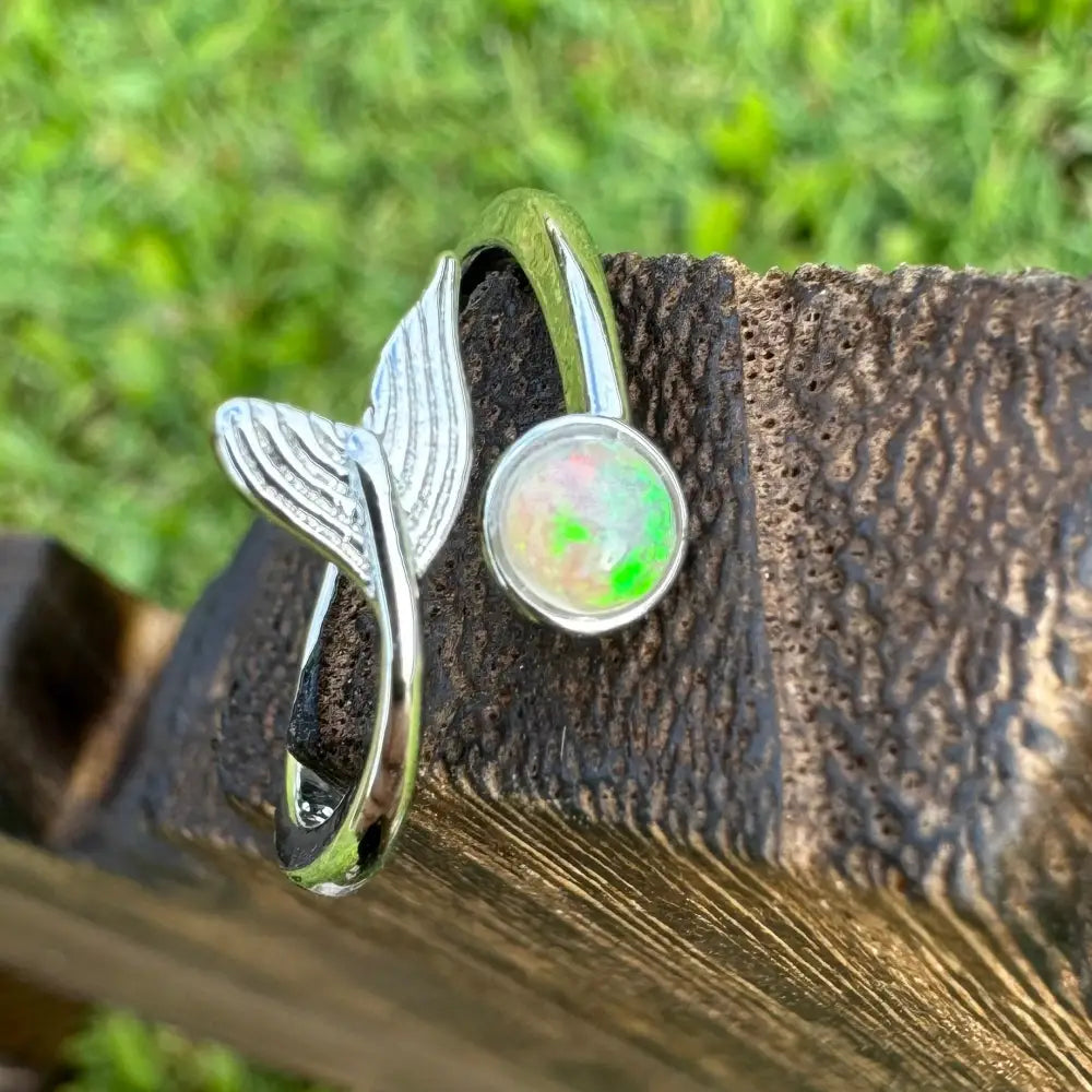 Silver mermaid tail ring with 0.3ct Lightning Ridge opal in sterling silver design