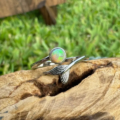 Silver opal mermaid tail ring featuring a 0.3ct Lightning Ridge Opal in sterling silver