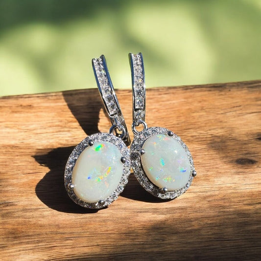 'Whispering Wind' ~ 2ct Solid Coober Pedy Opal and Cubic Zirconia Sterling Silver Earrings