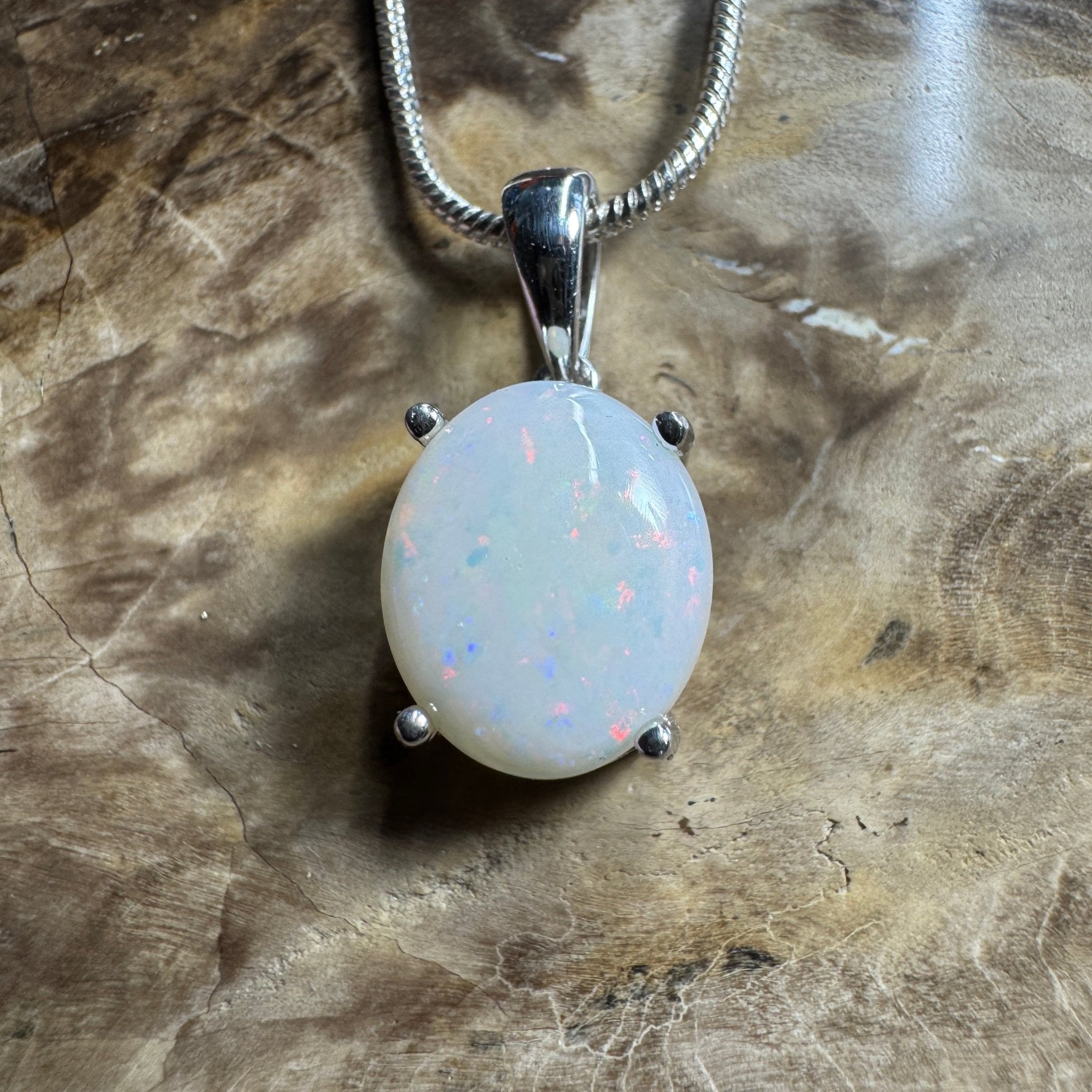 White Dune Flame ~ 2.1ct Solid Coober Pedy Opal 925 Sterling Silver Pendant Necklace