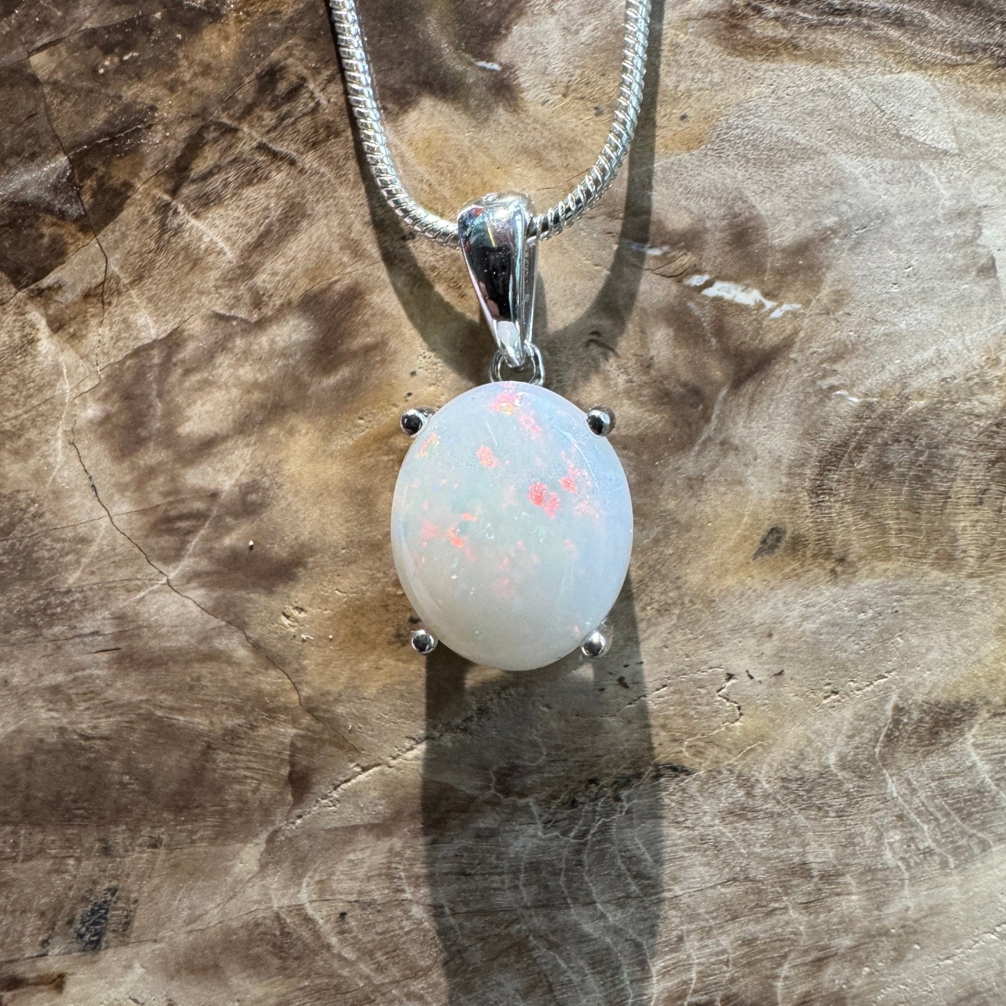 White Dune Flame ~ 2.1ct Solid Coober Pedy Opal 925 Sterling Silver Pendant Necklace