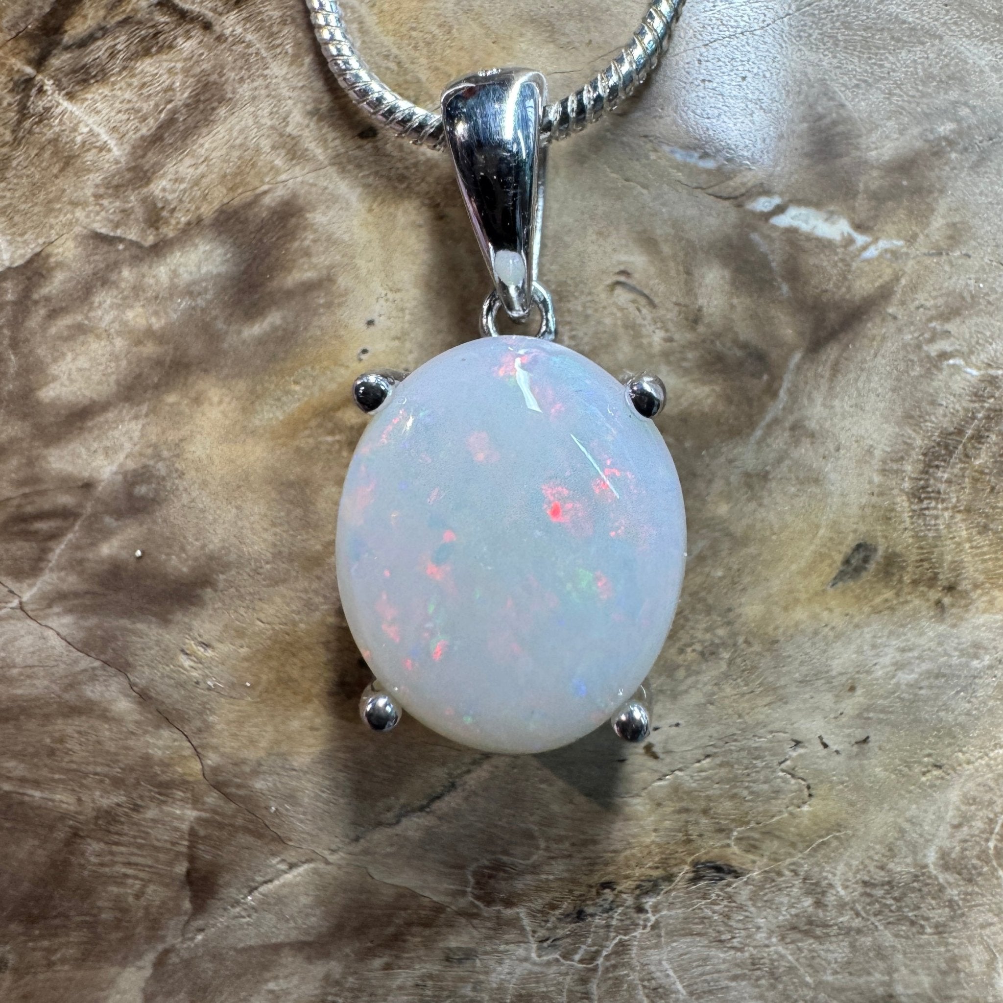White Dune Flame ~ 2.1ct Solid Coober Pedy Opal 925 Sterling Silver Pendant Necklace