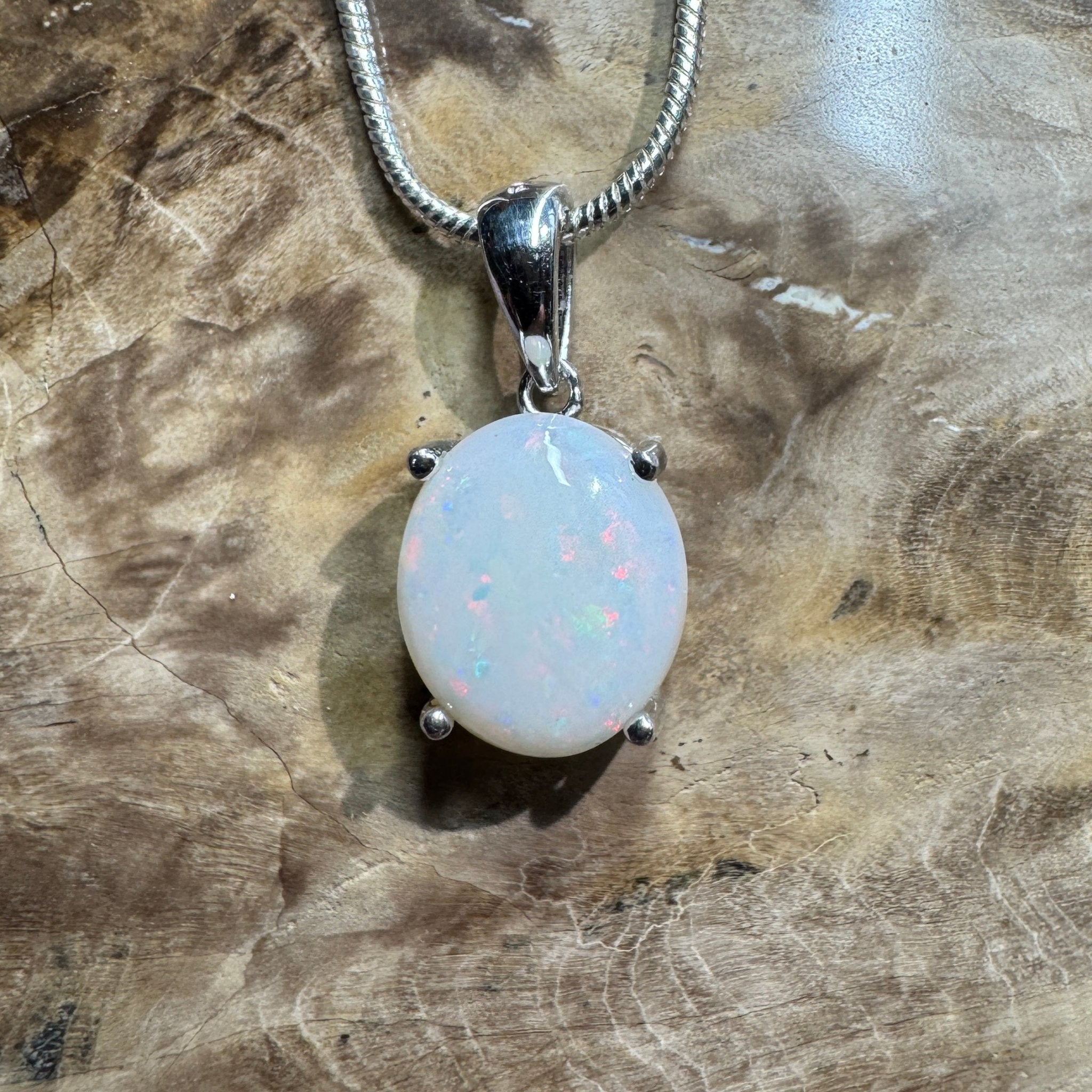 White Dune Flame ~ 2.1ct Solid Coober Pedy Opal 925 Sterling Silver Pendant Necklace