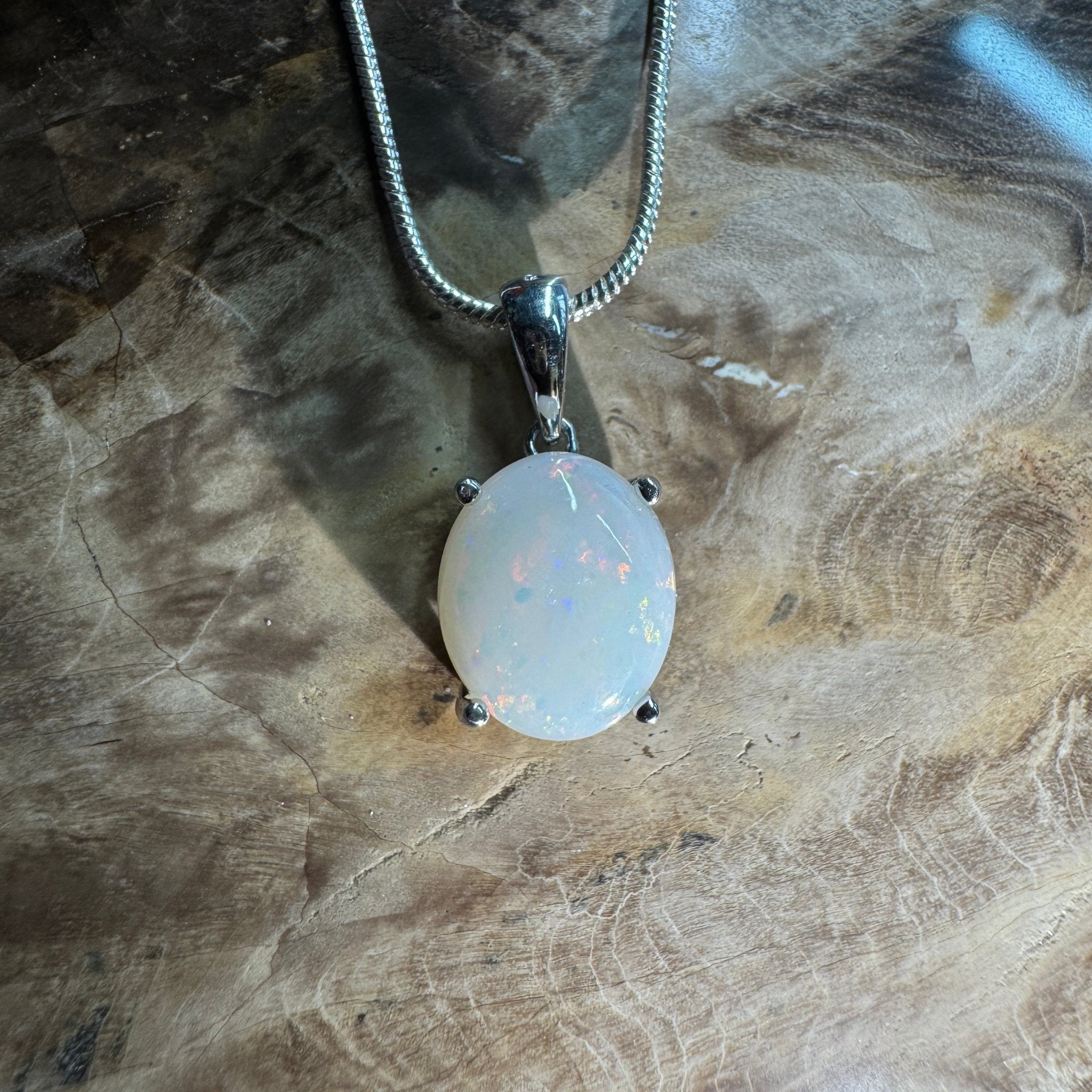 White Dune Flame ~ 2.1ct Solid Coober Pedy Opal 925 Sterling Silver Pendant Necklace