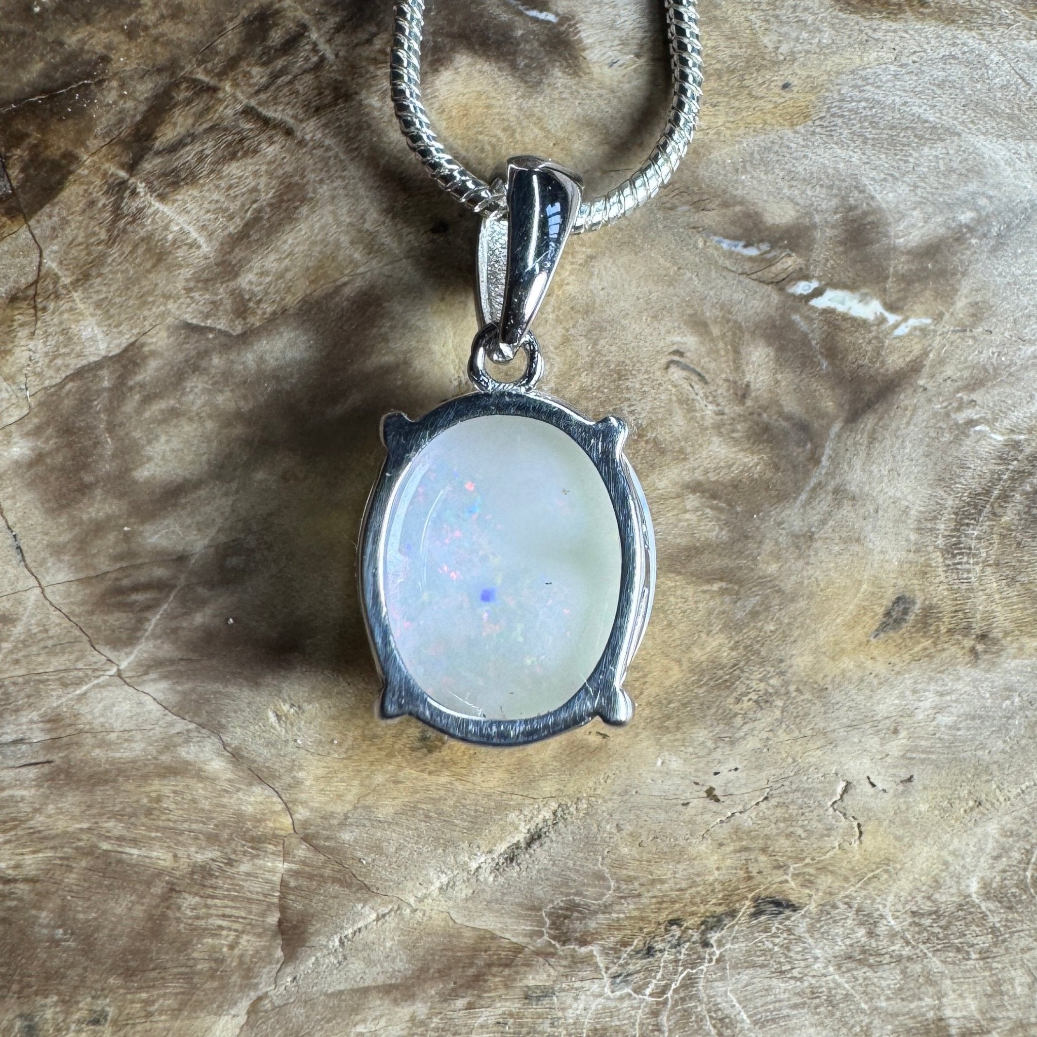 White Dune Flame ~ 2.1ct Solid Coober Pedy Opal 925 Sterling Silver Pendant Necklace