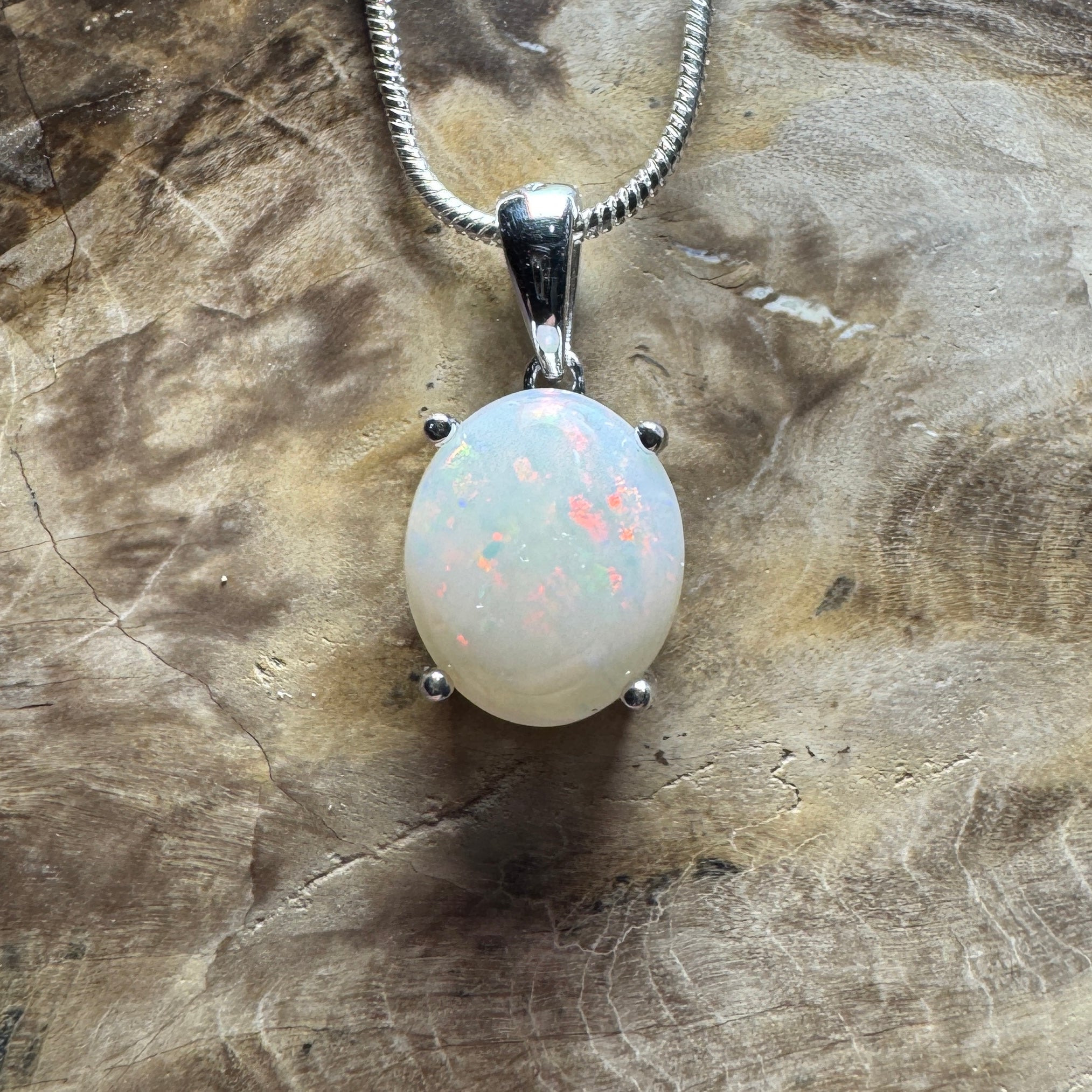 White Dune Flame ~ 2.1ct Solid Coober Pedy Opal 925 Sterling Silver Pendant Necklace