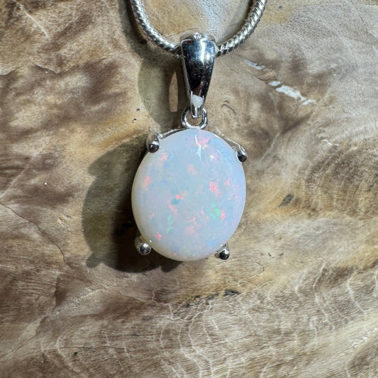 White Dune Flame ~ 2.1ct Solid Coober Pedy Opal 925 Sterling Silver Pendant Necklace