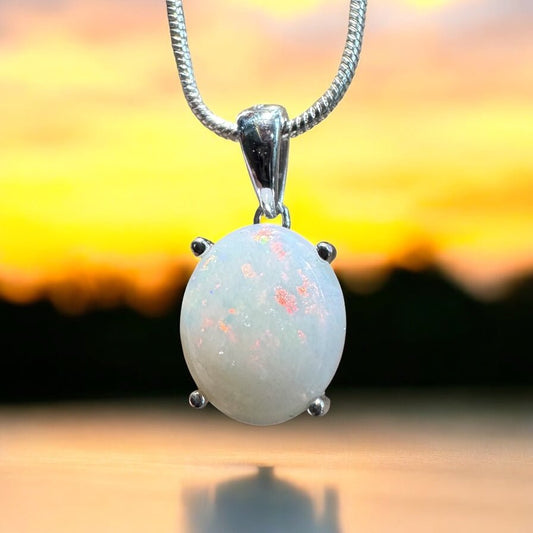 White Dune Flame ~ 2.1ct Solid Coober Pedy Opal 925 Sterling Silver Pendant Necklace