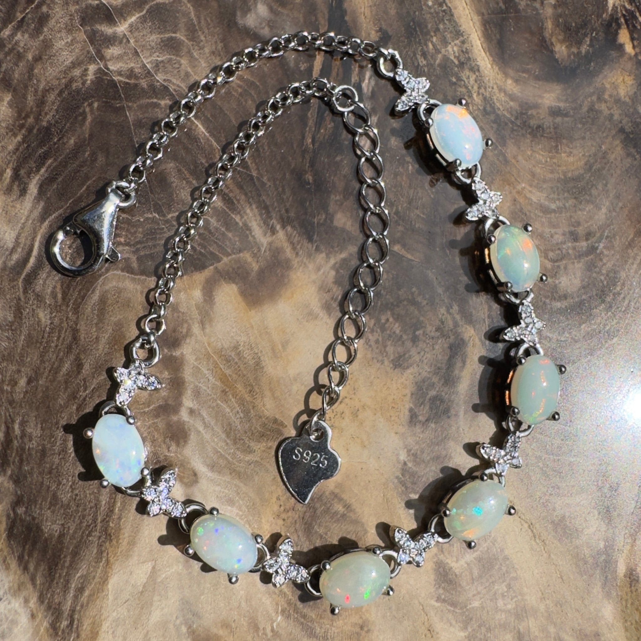 Whitehaven Whispers ~ 2.4ct Coober Pedy Opal and Cubic Zirconia 925 Sterling Silver Bracelet