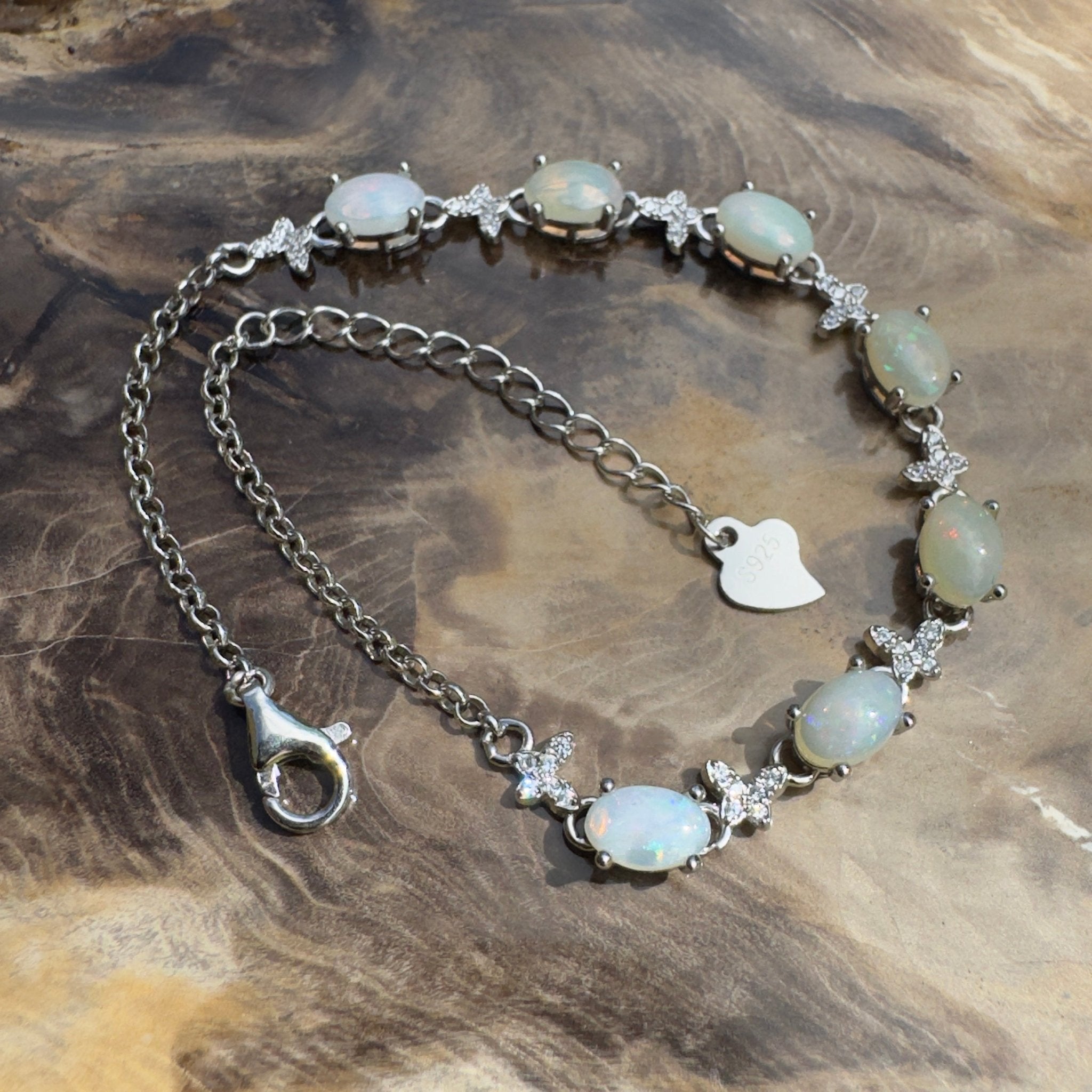 Whitehaven Whispers ~ 2.4ct Coober Pedy Opal and Cubic Zirconia 925 Sterling Silver Bracelet