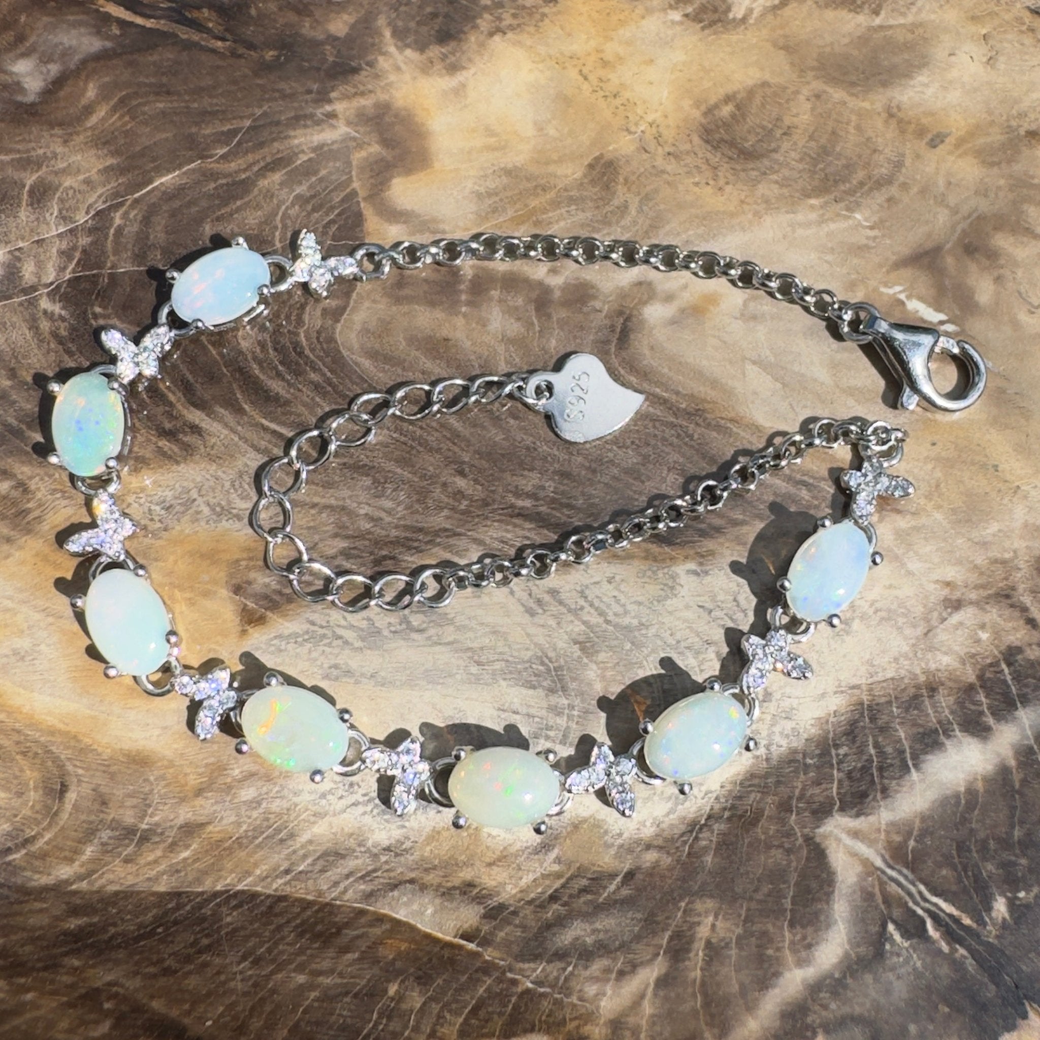 Whitehaven Whispers ~ 2.4ct Coober Pedy Opal and Cubic Zirconia 925 Sterling Silver Bracelet