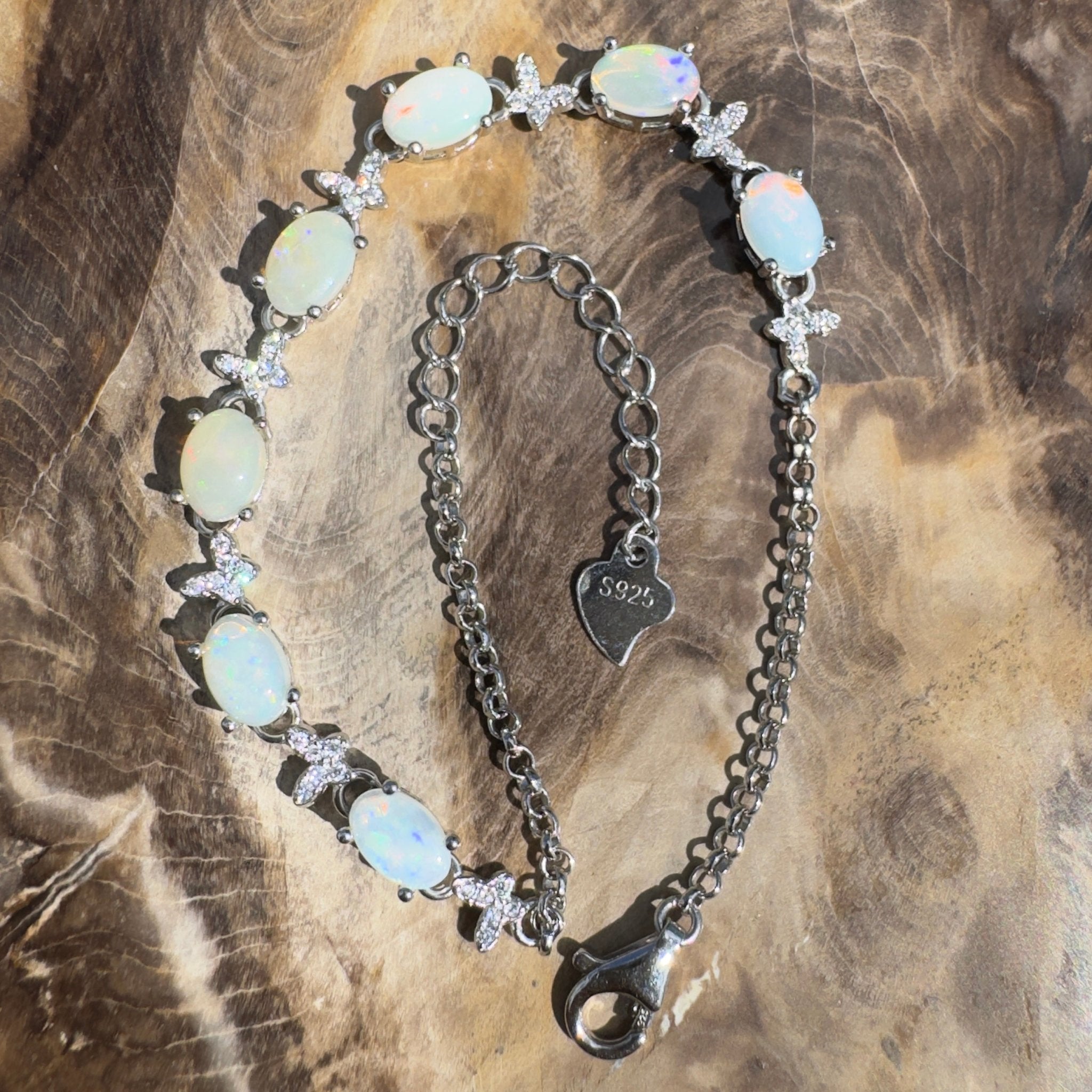 Whitehaven Whispers ~ 2.4ct Coober Pedy Opal and Cubic Zirconia 925 Sterling Silver Bracelet
