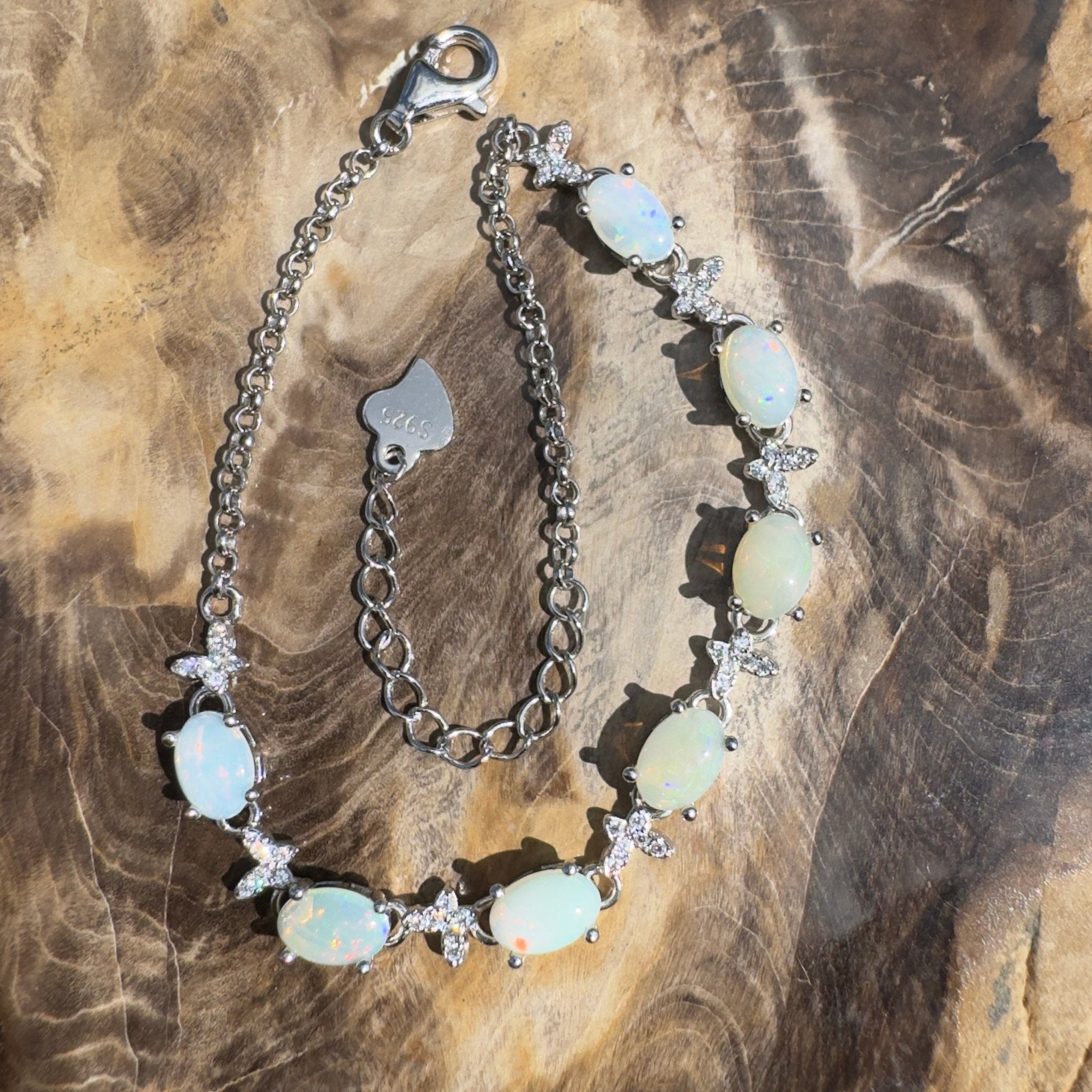 Whitehaven Whispers ~ 2.4ct Coober Pedy Opal and Cubic Zirconia 925 Sterling Silver Bracelet