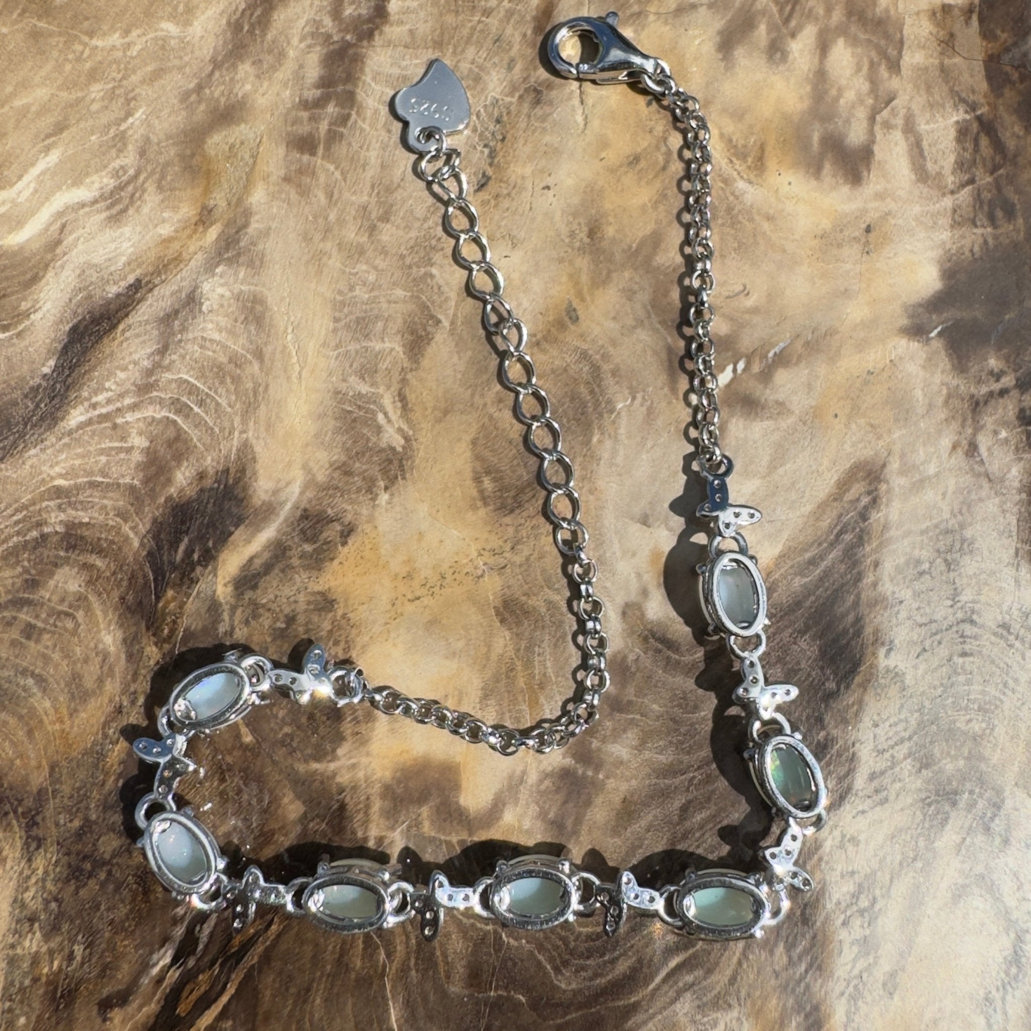 Whitehaven Whispers ~ 2.4ct Coober Pedy Opal and Cubic Zirconia 925 Sterling Silver Bracelet