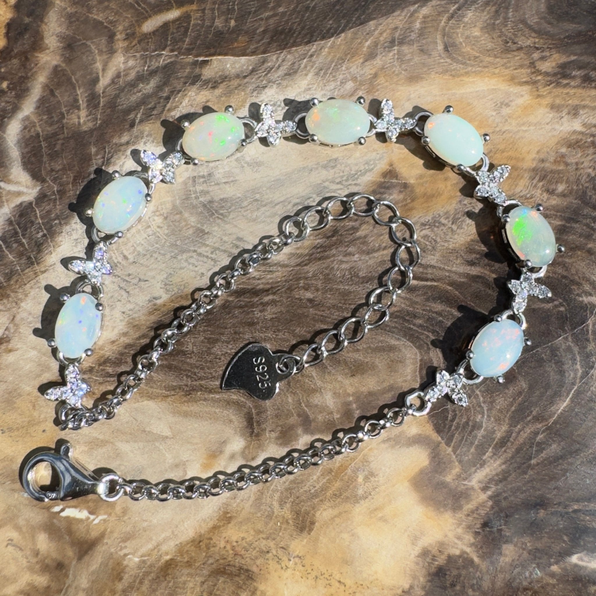 Whitehaven Whispers ~ 2.4ct Coober Pedy Opal and Cubic Zirconia 925 Sterling Silver Bracelet