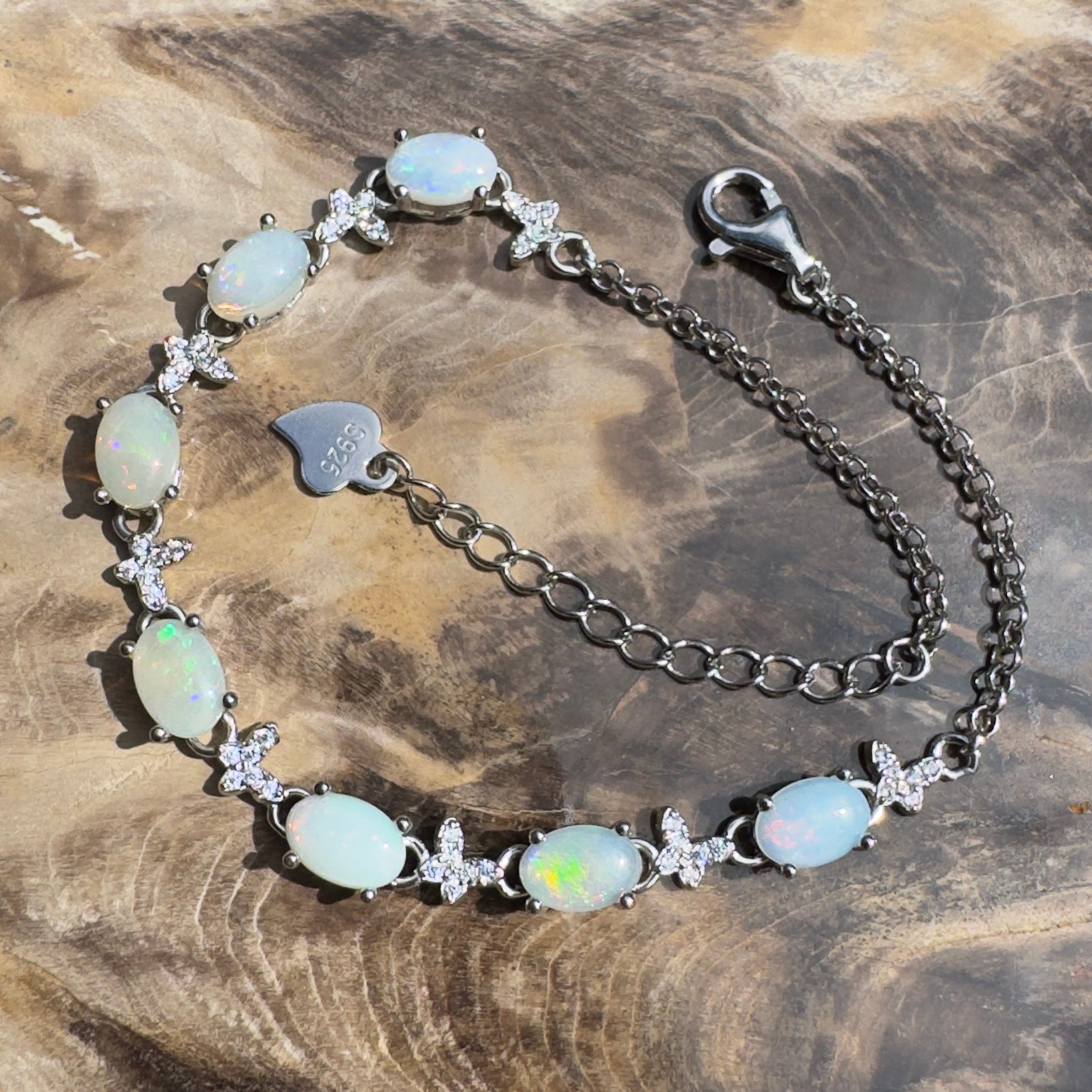 Whitehaven Whispers ~ 2.4ct Coober Pedy Opal and Cubic Zirconia 925 Sterling Silver Bracelet