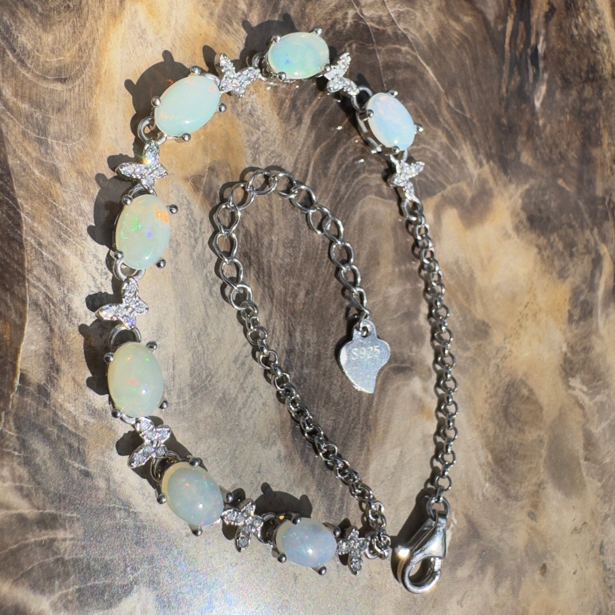 Whitehaven Whispers ~ 2.4ct Coober Pedy Opal and Cubic Zirconia 925 Sterling Silver Bracelet