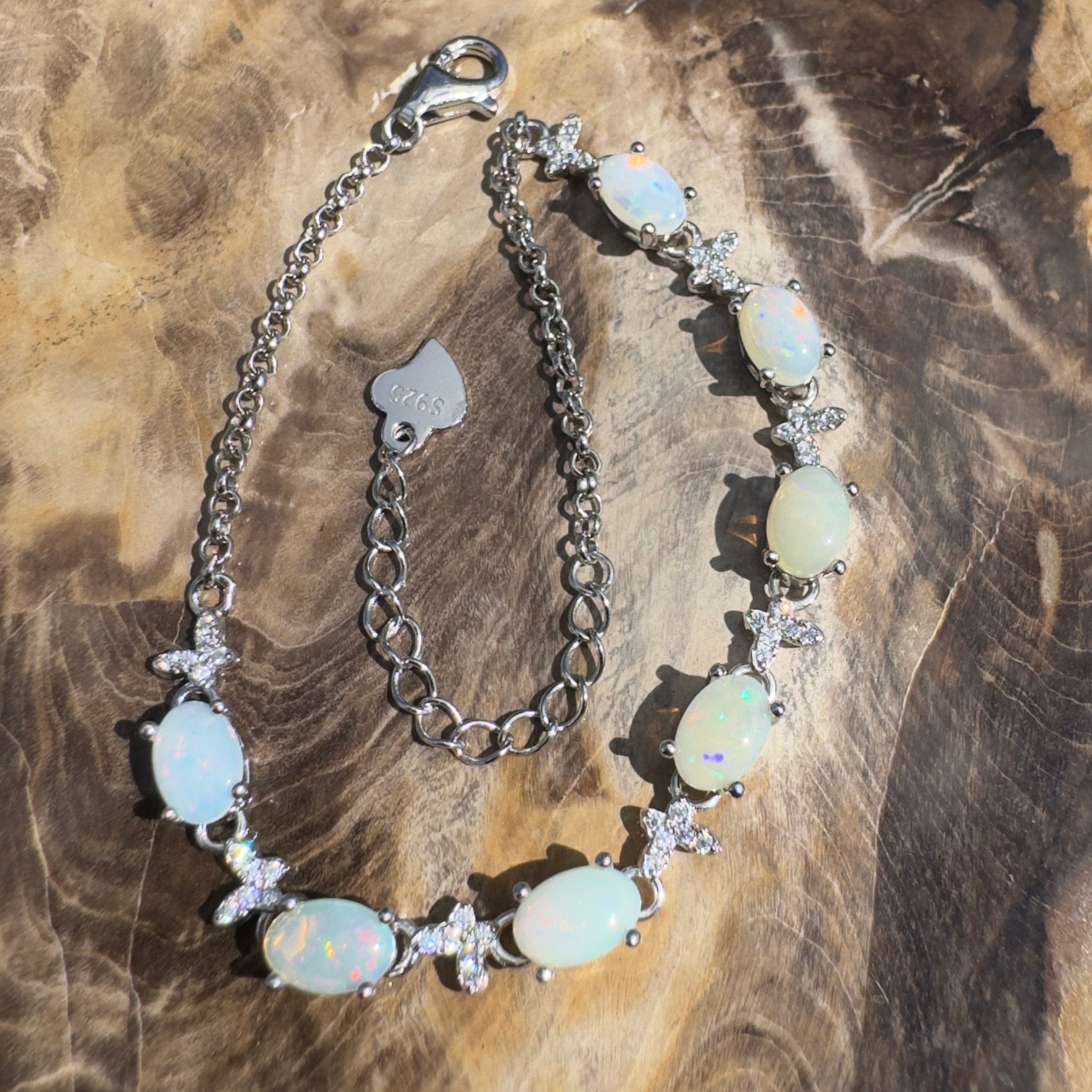 Whitehaven Whispers ~ 2.4ct Coober Pedy Opal and Cubic Zirconia 925 Sterling Silver Bracelet