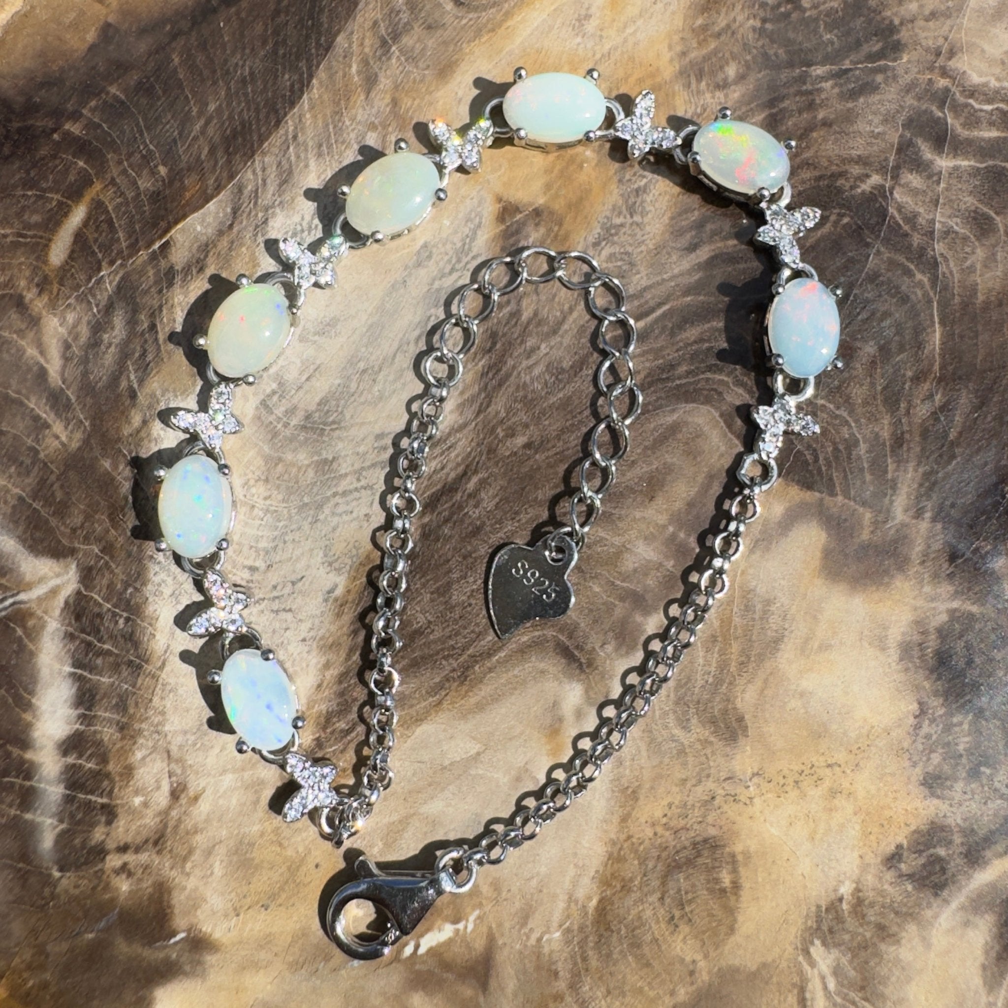 Whitehaven Whispers ~ 2.4ct Coober Pedy Opal and Cubic Zirconia 925 Sterling Silver Bracelet