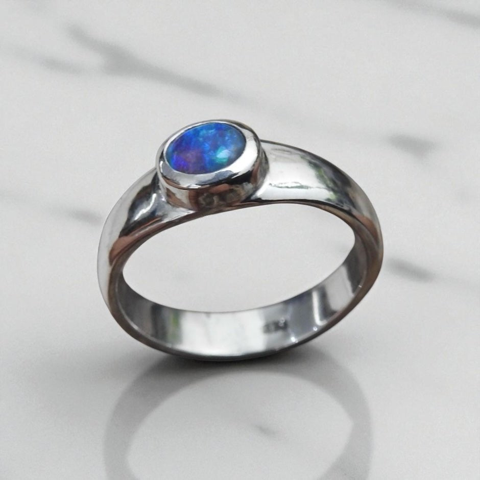 Whitsunday Glow ~ 0.7ct Solid Lightning Ridge Black Opal 925 Silver Ring