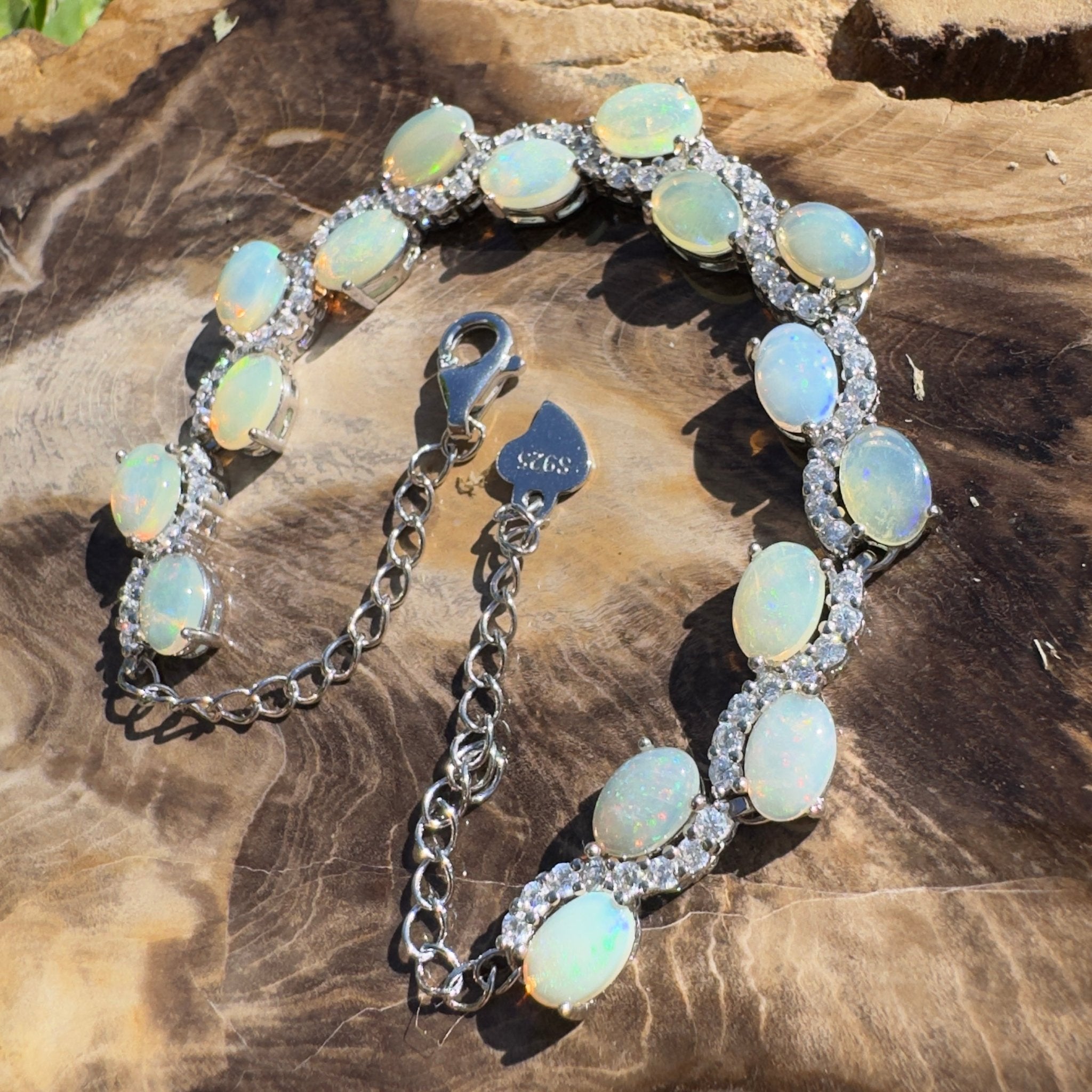 Whitsunday Light Drift ~ 4.8ct Coober Pedy Opal and Cubic Zirconia 925 Sterling Silver Bracelet