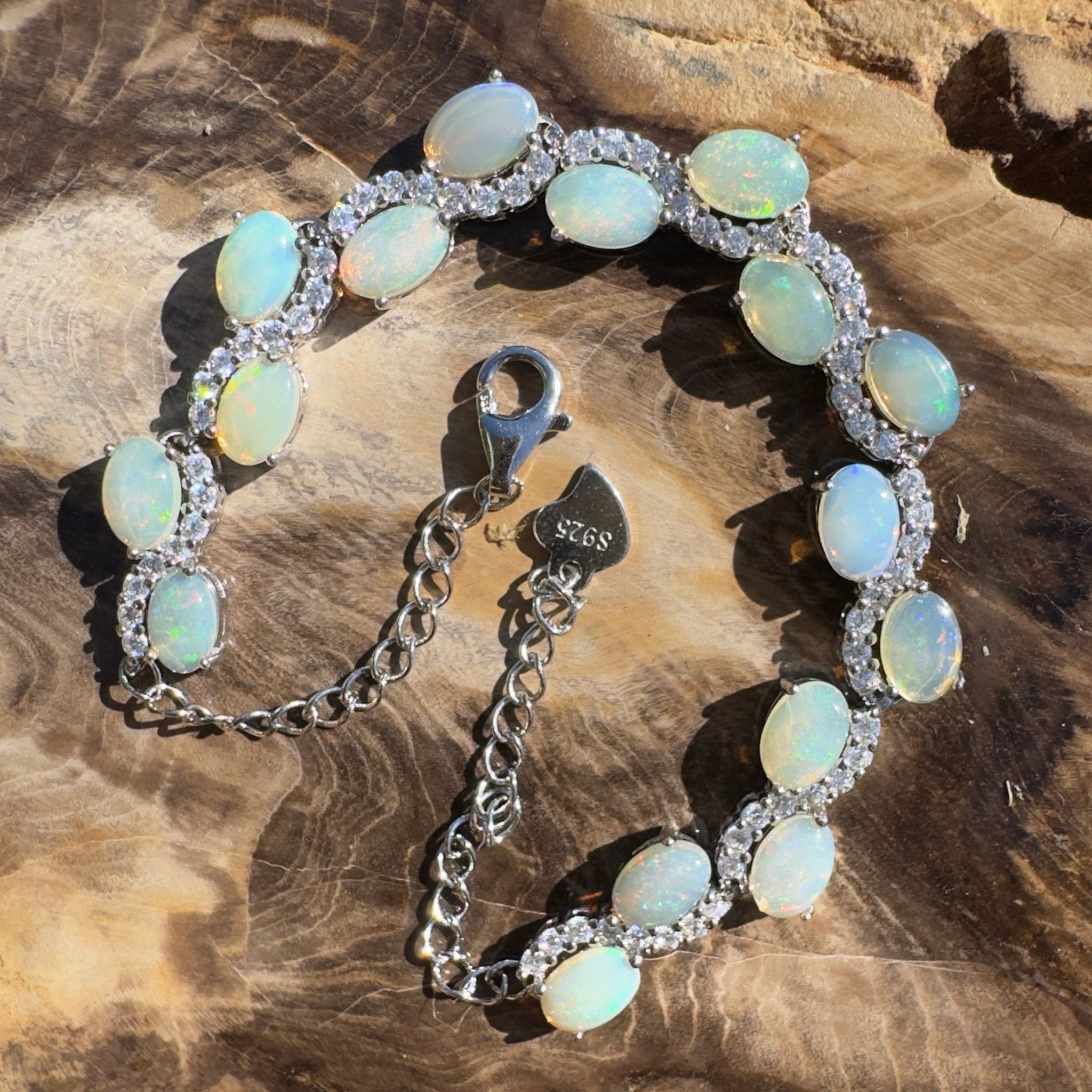 Whitsunday Light Drift ~ 4.8ct Coober Pedy Opal and Cubic Zirconia 925 Sterling Silver Bracelet