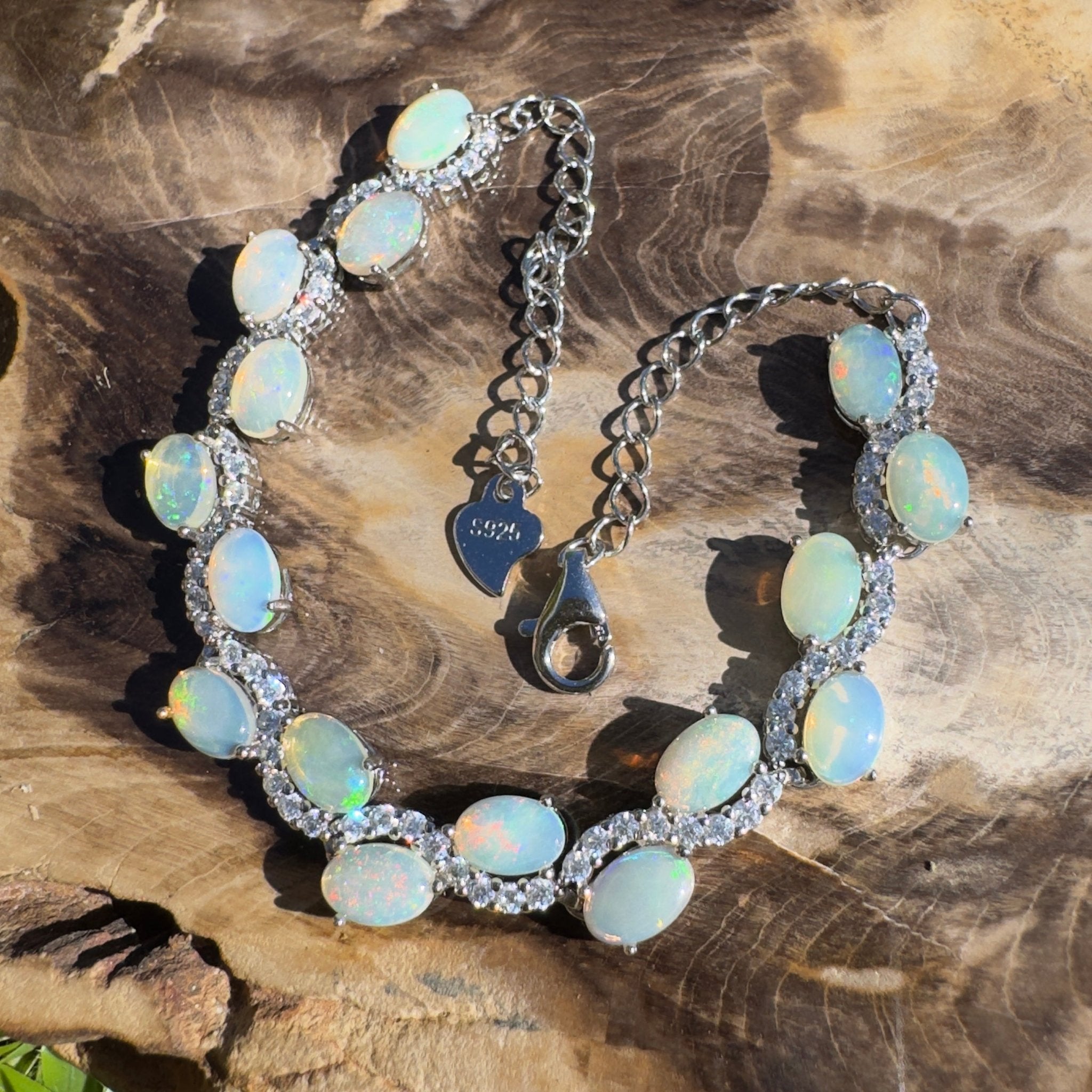 Whitsunday Light Drift ~ 4.8ct Coober Pedy Opal and Cubic Zirconia 925 Sterling Silver Bracelet