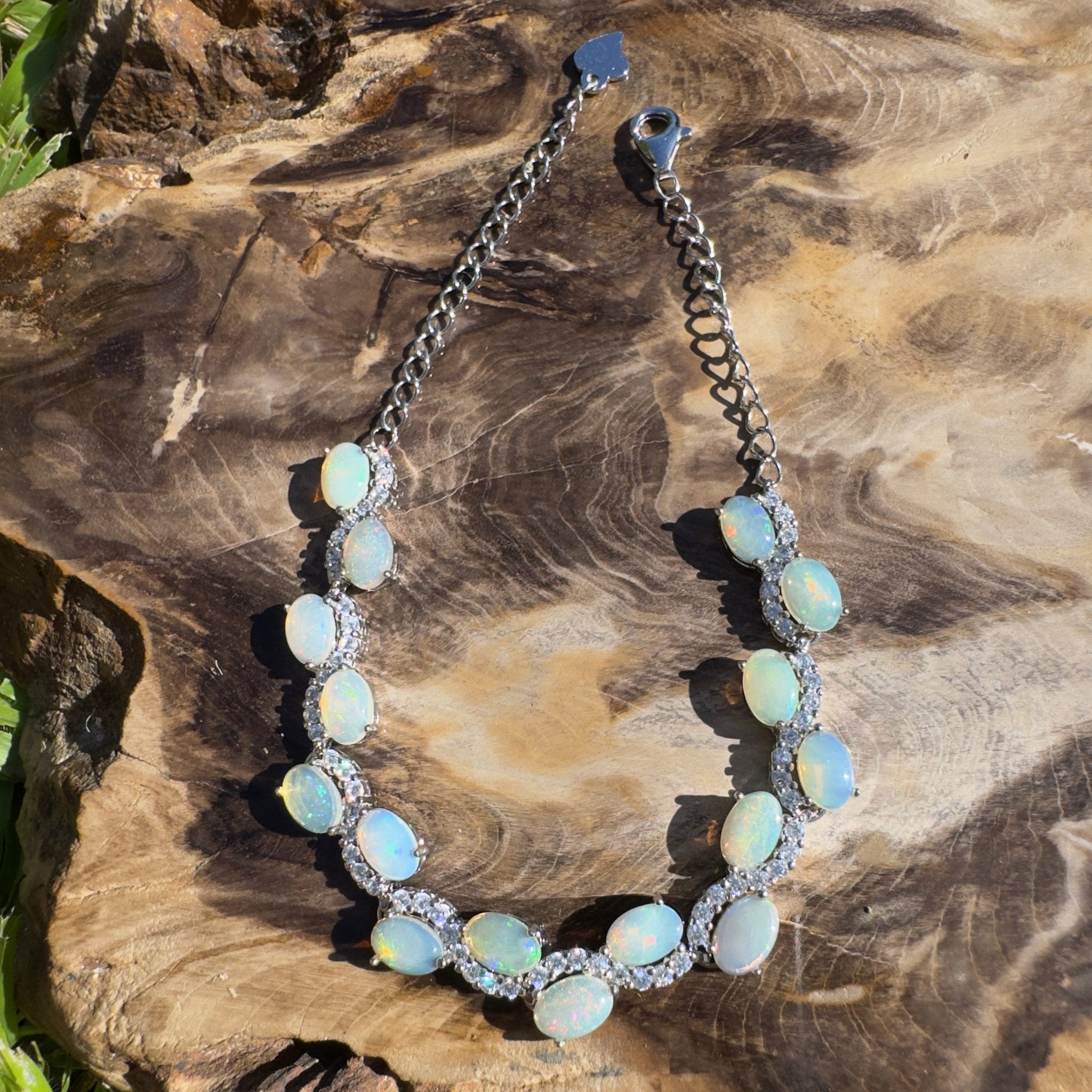 Whitsunday Light Drift ~ 4.8ct Coober Pedy Opal and Cubic Zirconia 925 Sterling Silver Bracelet