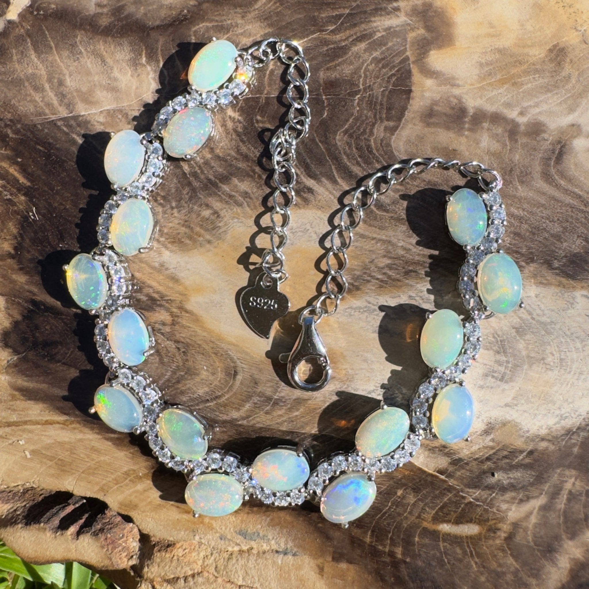 Whitsunday Light Drift ~ 4.8ct Coober Pedy Opal and Cubic Zirconia 925 Sterling Silver Bracelet