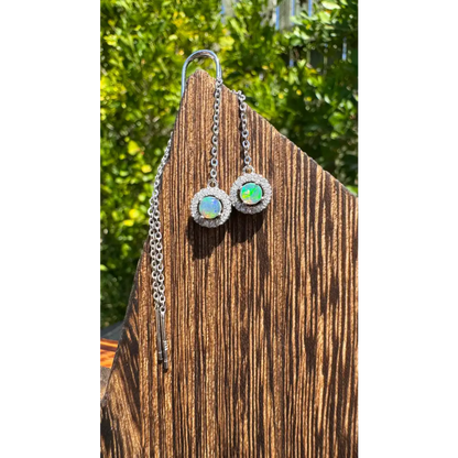 Opal halo drop earrings with 0.7ct Lightning Ridge Opal and cubic zirconia accents