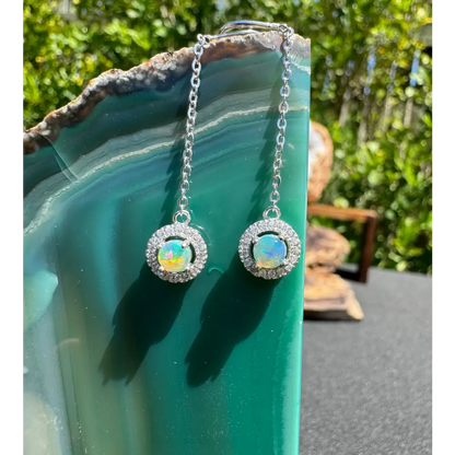 Silver chain earrings with opal halo from Whitsunday Sparkle featuring Lightning Ridge Opal
