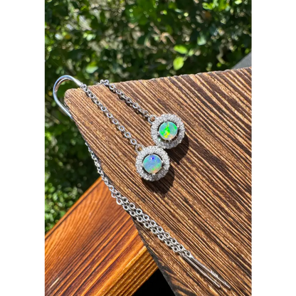 Silver opal drop earrings with handcrafted lightning ridge opal and cubic zirconia gemstones