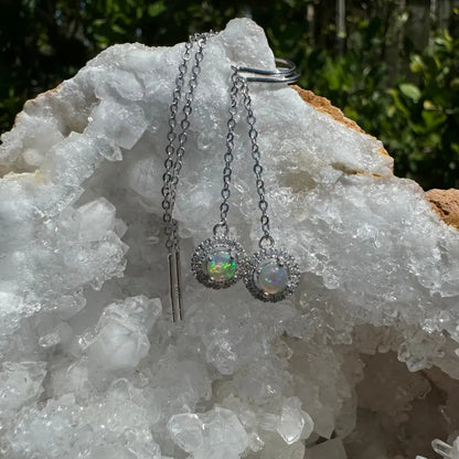 Silver chain earrings with 0.7ct Lightning Ridge Opal and cubic zirconia from Whitsunday Sparkle