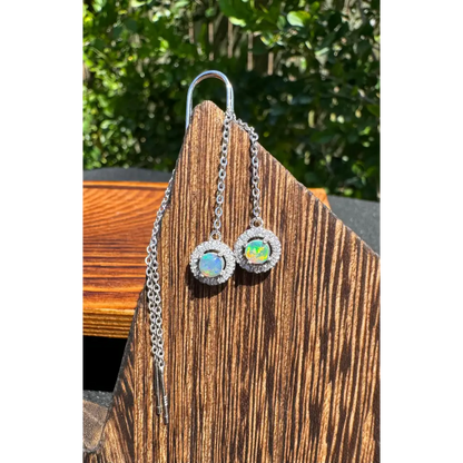 Silver opal halo earrings with handcrafted Lightning Ridge opal and cubic zirconia accents