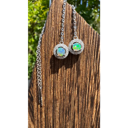 Elegant silver opal drop earrings with solid Lightning Ridge opal and cubic zirconia