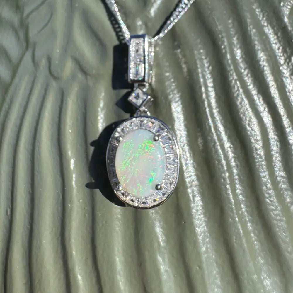 'Willow Essence' ~ Handcrafted 0.9ct Solid Coober Pedy Opal and Cubic Zirconia 925 Sterling Silver Pendant Necklace