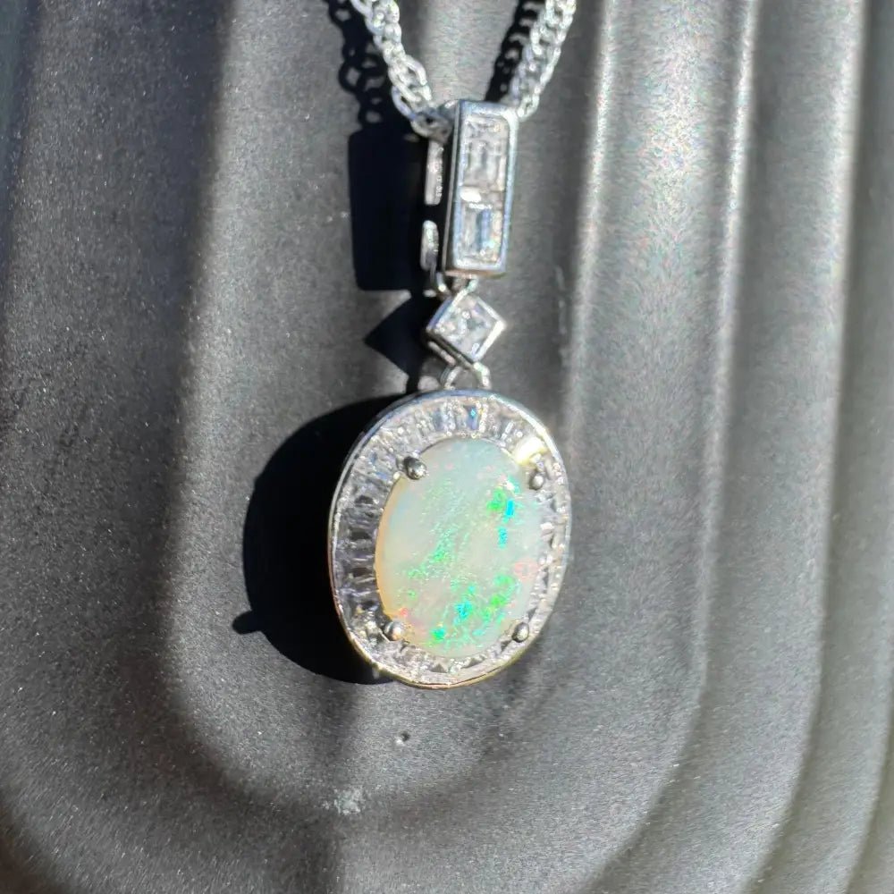 'Willow Essence' ~ Handcrafted 0.9ct Solid Coober Pedy Opal and Cubic Zirconia 925 Sterling Silver Pendant Necklace