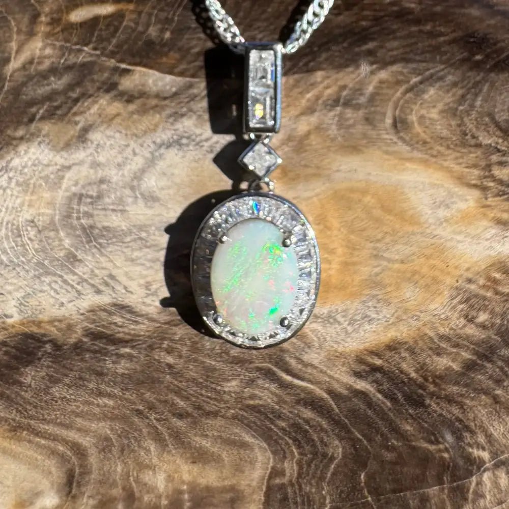'Willow Essence' ~ Handcrafted 0.9ct Solid Coober Pedy Opal and Cubic Zirconia 925 Sterling Silver Pendant Necklace