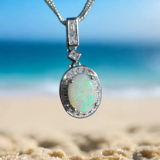 'Willow Essence' ~ Handcrafted 0.9ct Solid Coober Pedy Opal and Cubic Zirconia 925 Sterling Silver Pendant Necklace