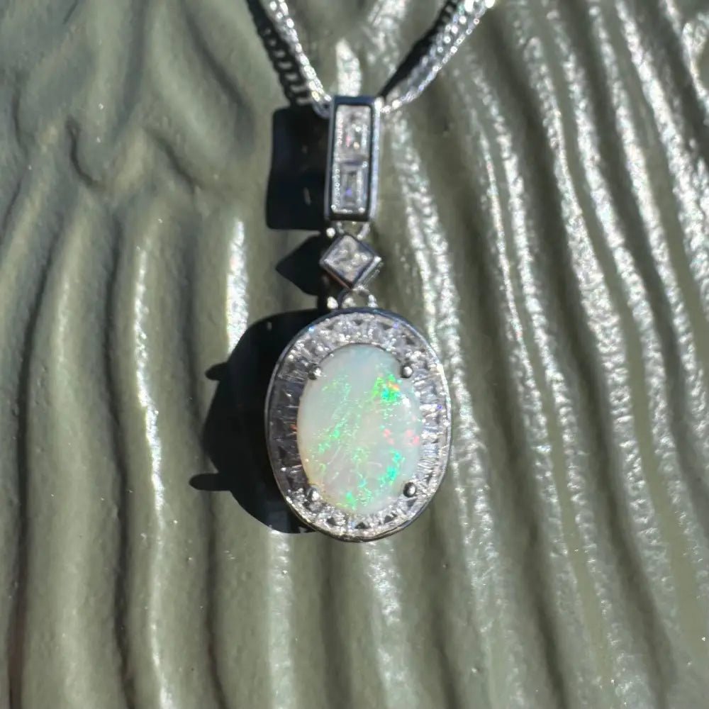 'Willow Essence' ~ Handcrafted 0.9ct Solid Coober Pedy Opal and Cubic Zirconia 925 Sterling Silver Pendant Necklace