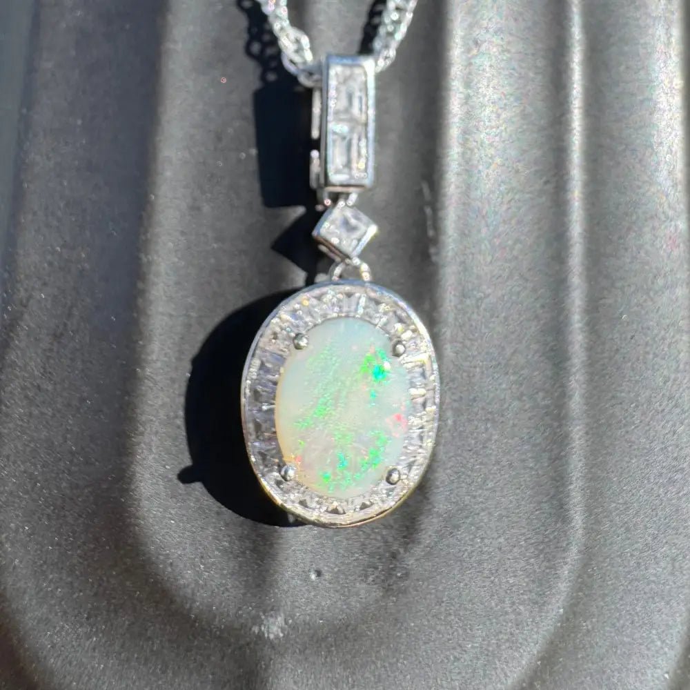'Willow Essence' ~ Handcrafted 0.9ct Solid Coober Pedy Opal and Cubic Zirconia 925 Sterling Silver Pendant Necklace