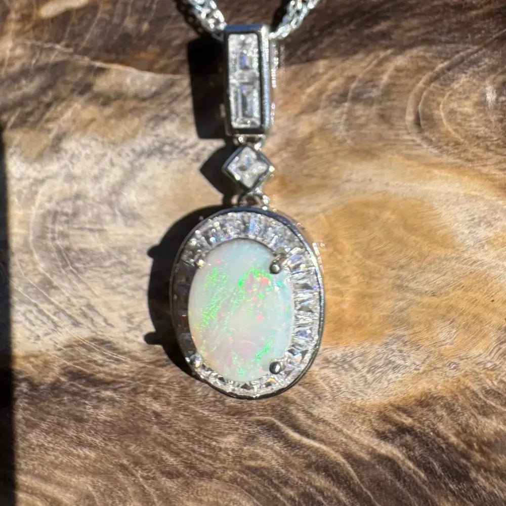 'Willow Essence' ~ Handcrafted 0.9ct Solid Coober Pedy Opal and Cubic Zirconia 925 Sterling Silver Pendant Necklace