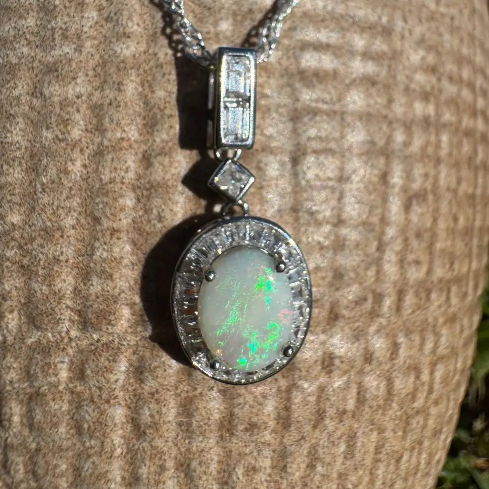 'Willow Essence' ~ Handcrafted 0.9ct Solid Coober Pedy Opal and Cubic Zirconia 925 Sterling Silver Pendant Necklace