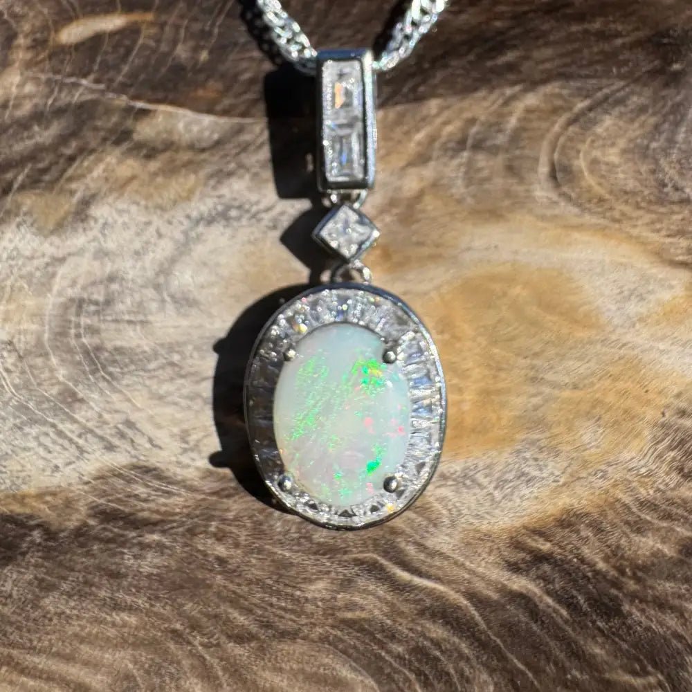 'Willow Essence' ~ Handcrafted 0.9ct Solid Coober Pedy Opal and Cubic Zirconia 925 Sterling Silver Pendant Necklace