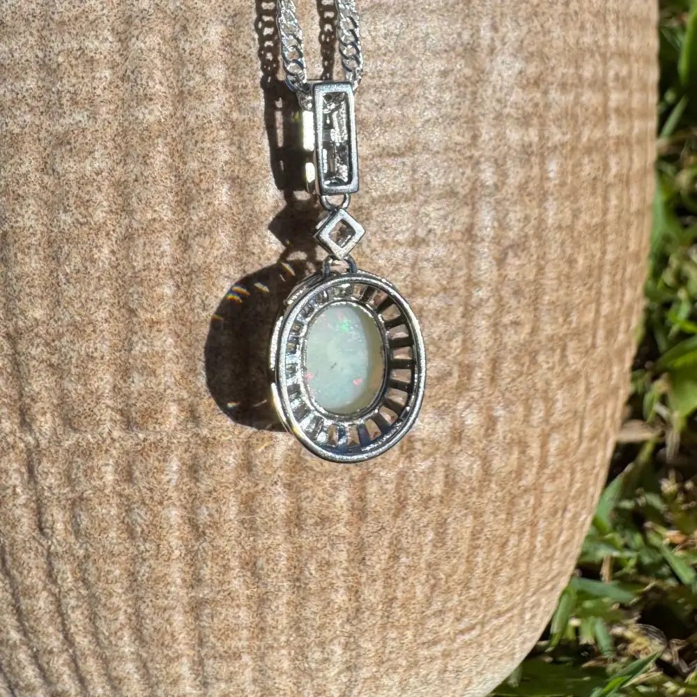 'Willow Essence' ~ Handcrafted 0.9ct Solid Coober Pedy Opal and Cubic Zirconia 925 Sterling Silver Pendant Necklace