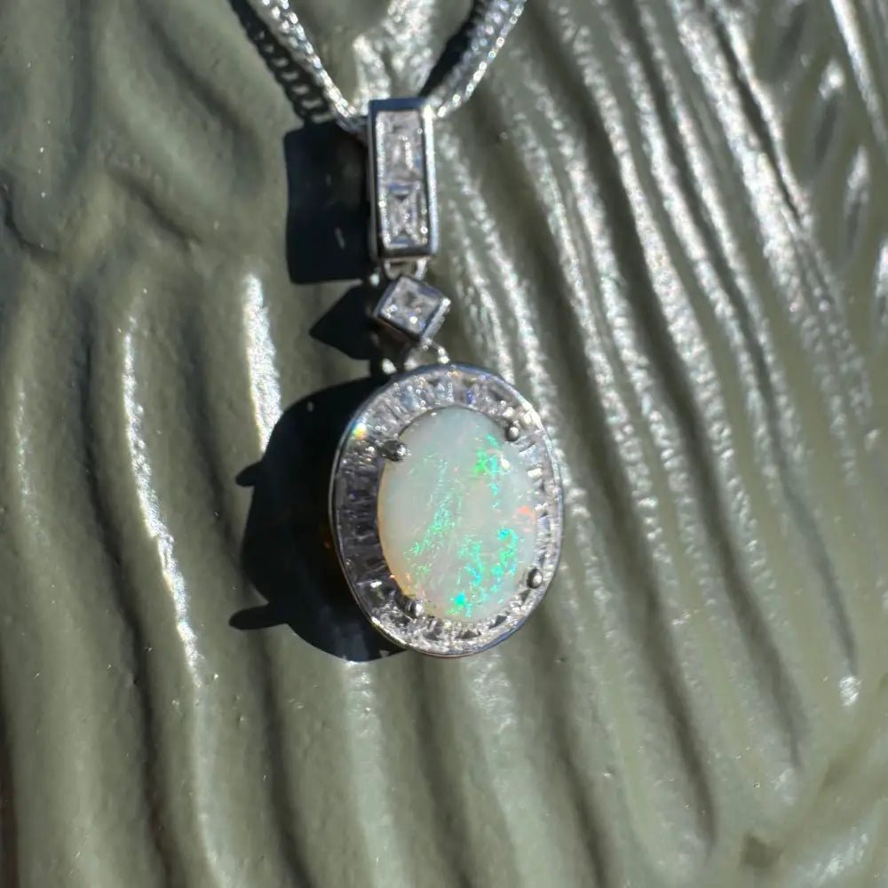 'Willow Essence' ~ Handcrafted 0.9ct Solid Coober Pedy Opal and Cubic Zirconia 925 Sterling Silver Pendant Necklace