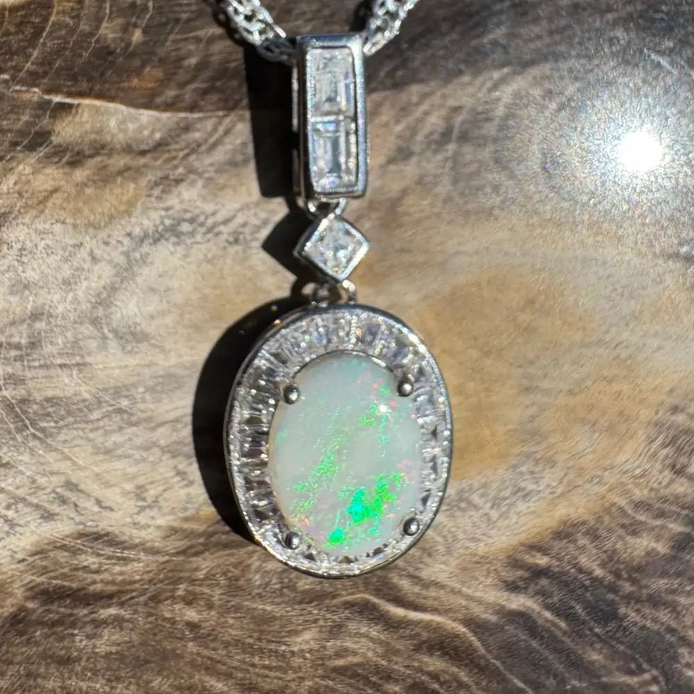 'Willow Essence' ~ Handcrafted 0.9ct Solid Coober Pedy Opal and Cubic Zirconia 925 Sterling Silver Pendant Necklace